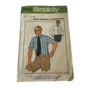 Simplicity 7942 Sewing Pattern Mens Dress Shirt Size 44,46,48,50 c.1977